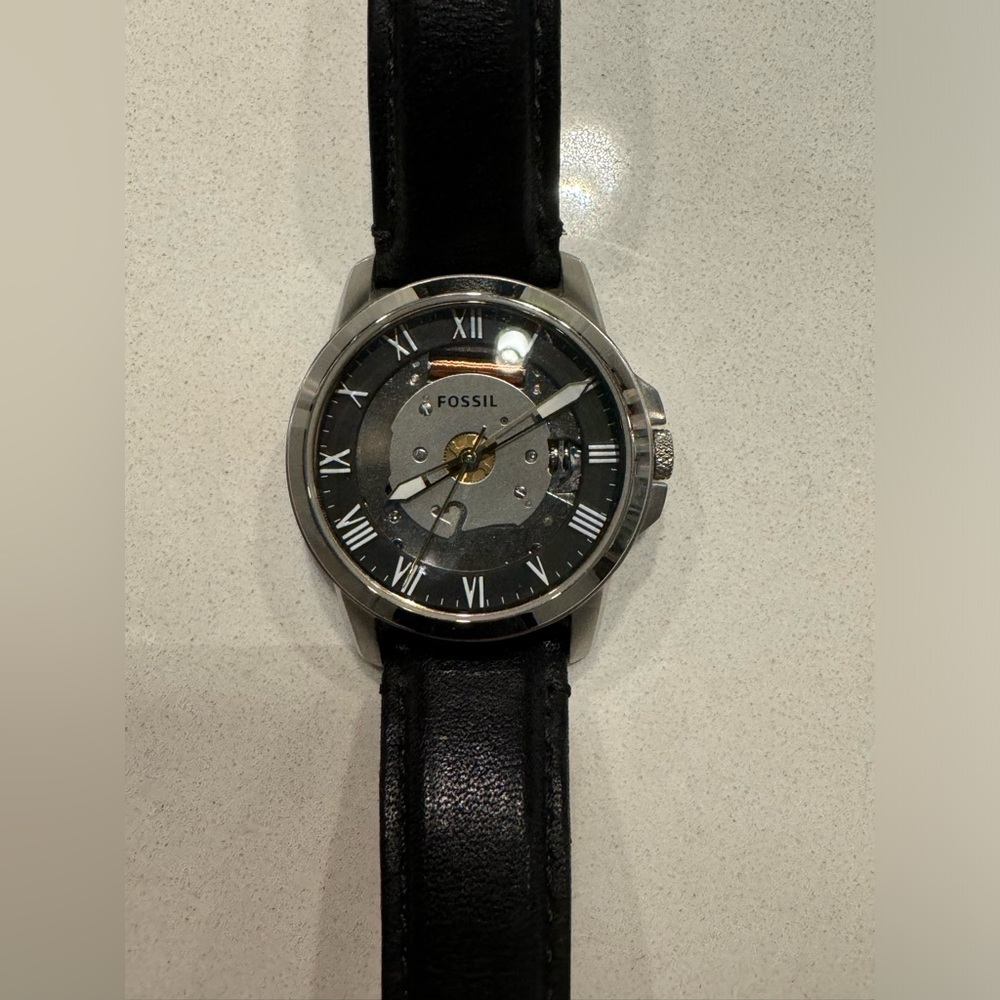 Fossil leather watch with open face dial